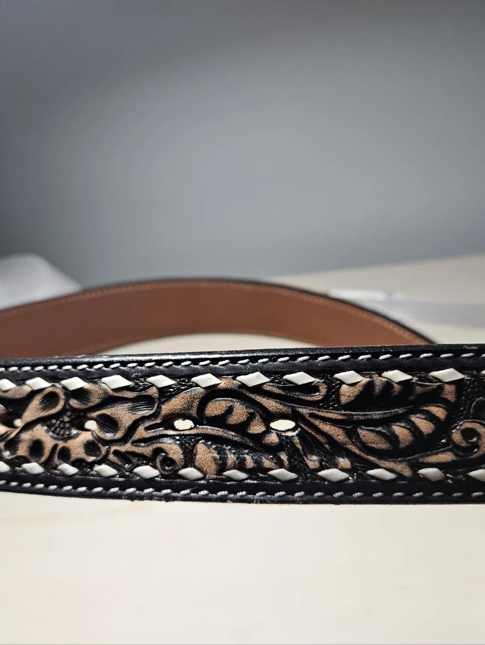 3D Belt Co. Men's Floral Tooled Buckstitch Leather Western Belt - NWOT Size 38